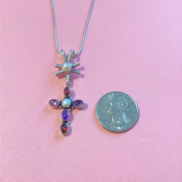 Nakai Jewelry - Nakai stamped sterling cross with Amethyst, Garnet, & pearl necklace & pendant